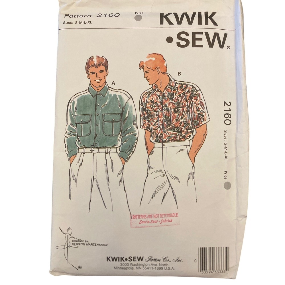 Kwik Sew 2160 Men Shirt Sewing Pattern S-XL Kerstin Martensson Utility Button Up